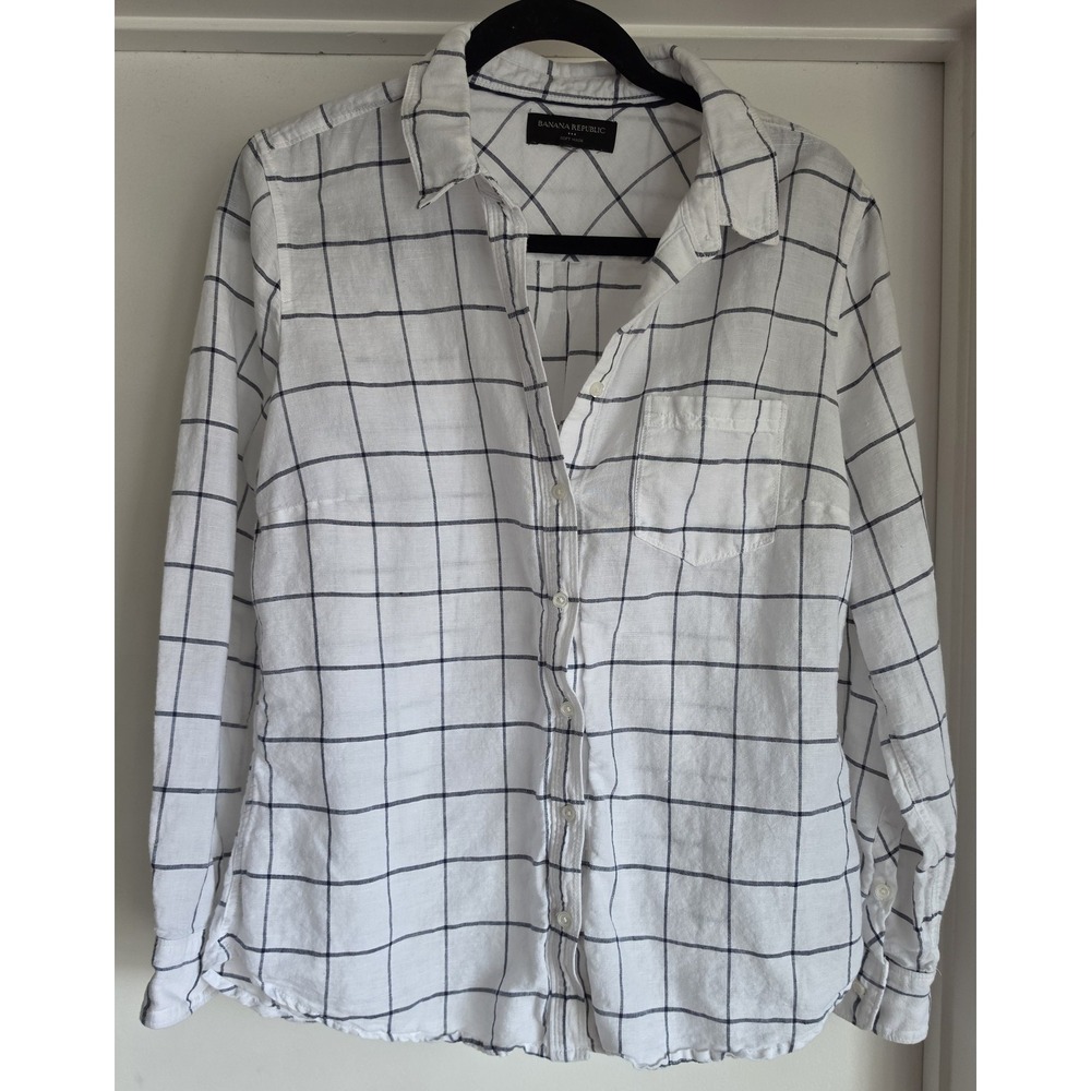 Banana Republic Button-Down Shirt L Petite Linen Cotton Plaid Collared Top